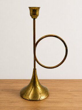 Vintage Brass Candle Holder with Circle Accent India Boho Mid Century 10"